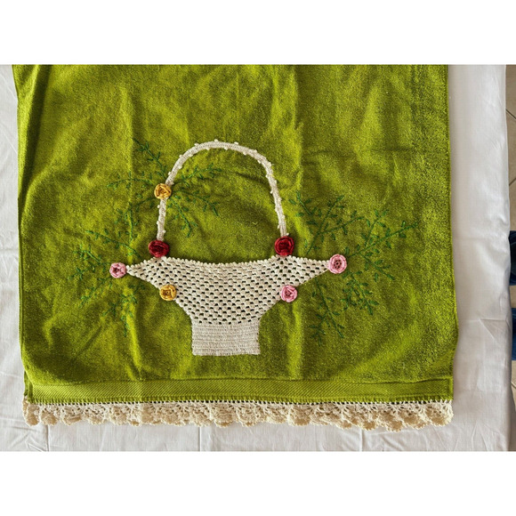 VTG Sears Green Terry Embroidered Lace Bath Towel Wash Cloth Set Flower Basket - Picture 3 of 10